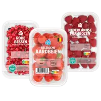 AH Nederlandse frambozen 140 gram, Belgische aardbeien 400 gram en rode bessen 150 gram
