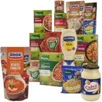 Alle Knorr, Unox soep in zak en Hellmann's en Calvé sauzen