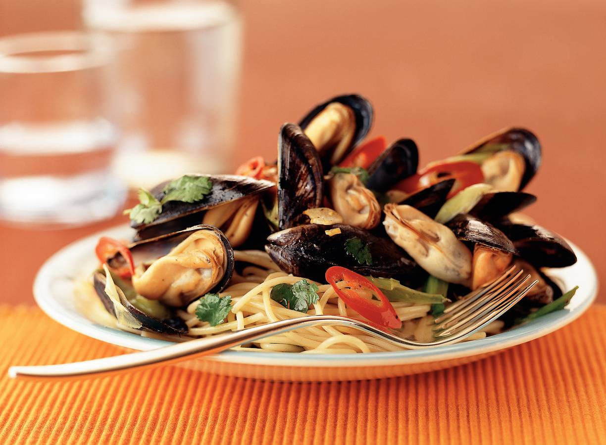 Korianderpasta met mosselen