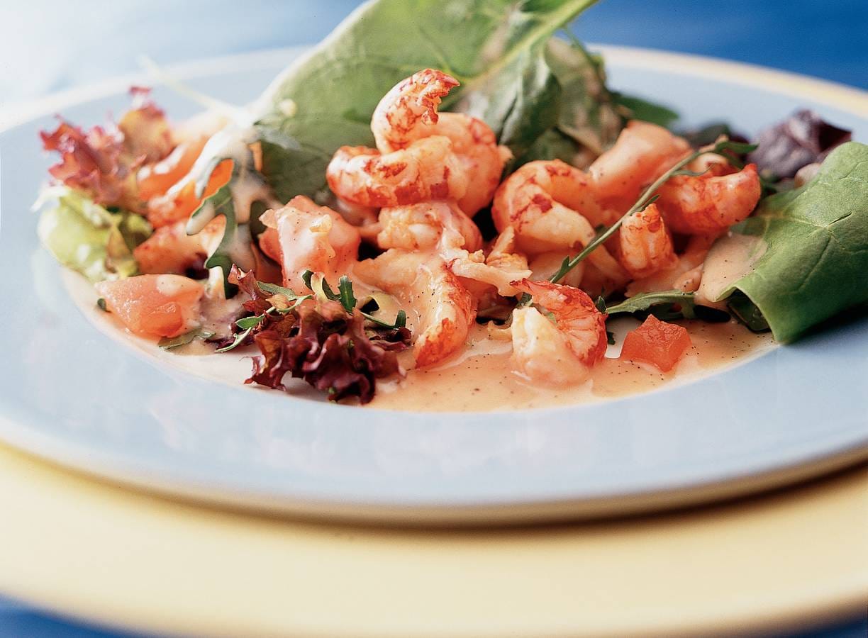 Salade van rivierkreeftjes met vanille-dressing