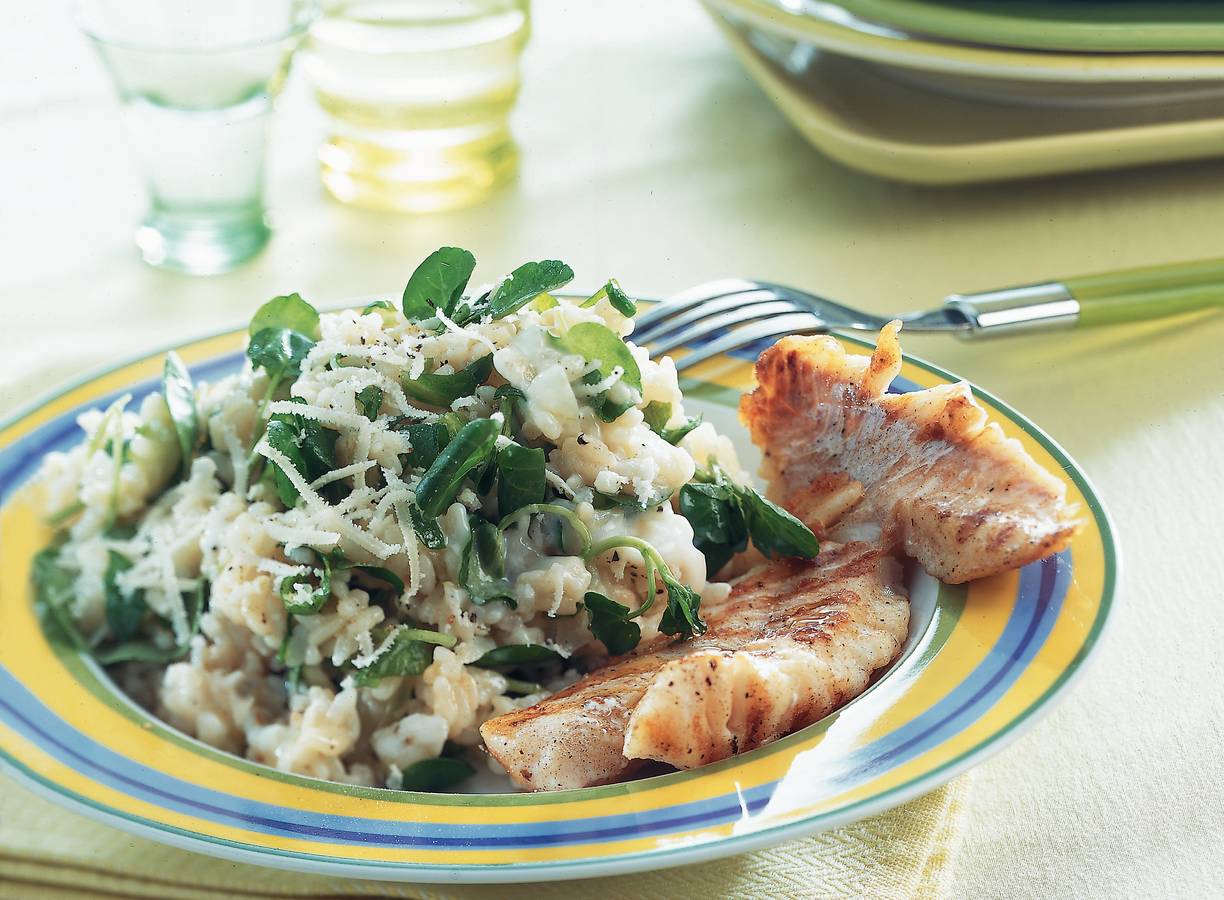 Waterkersrisotto met roodbaarsfilet