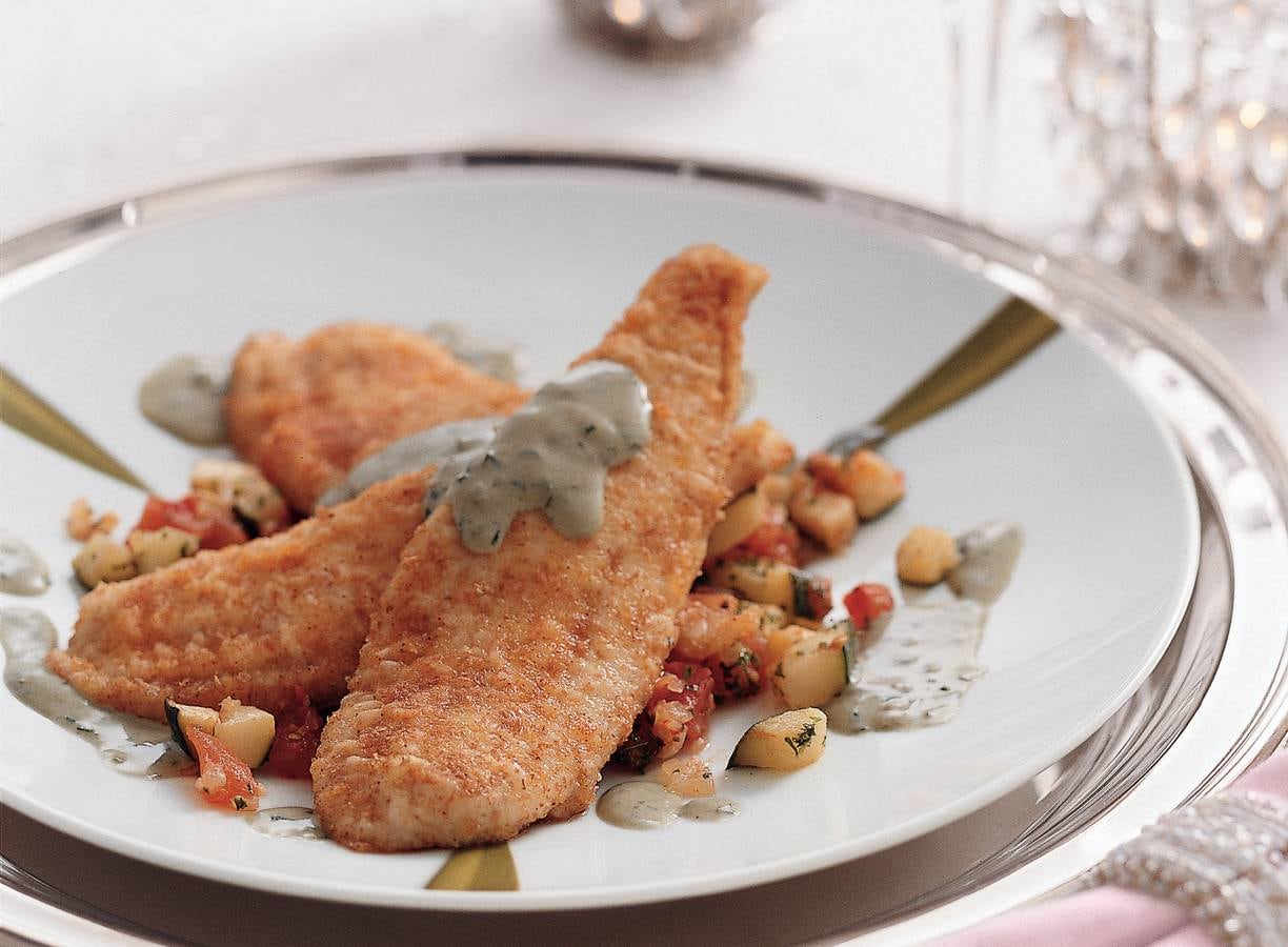 Gebakken scholfilet met courgetteratatouille en
basilicumroom