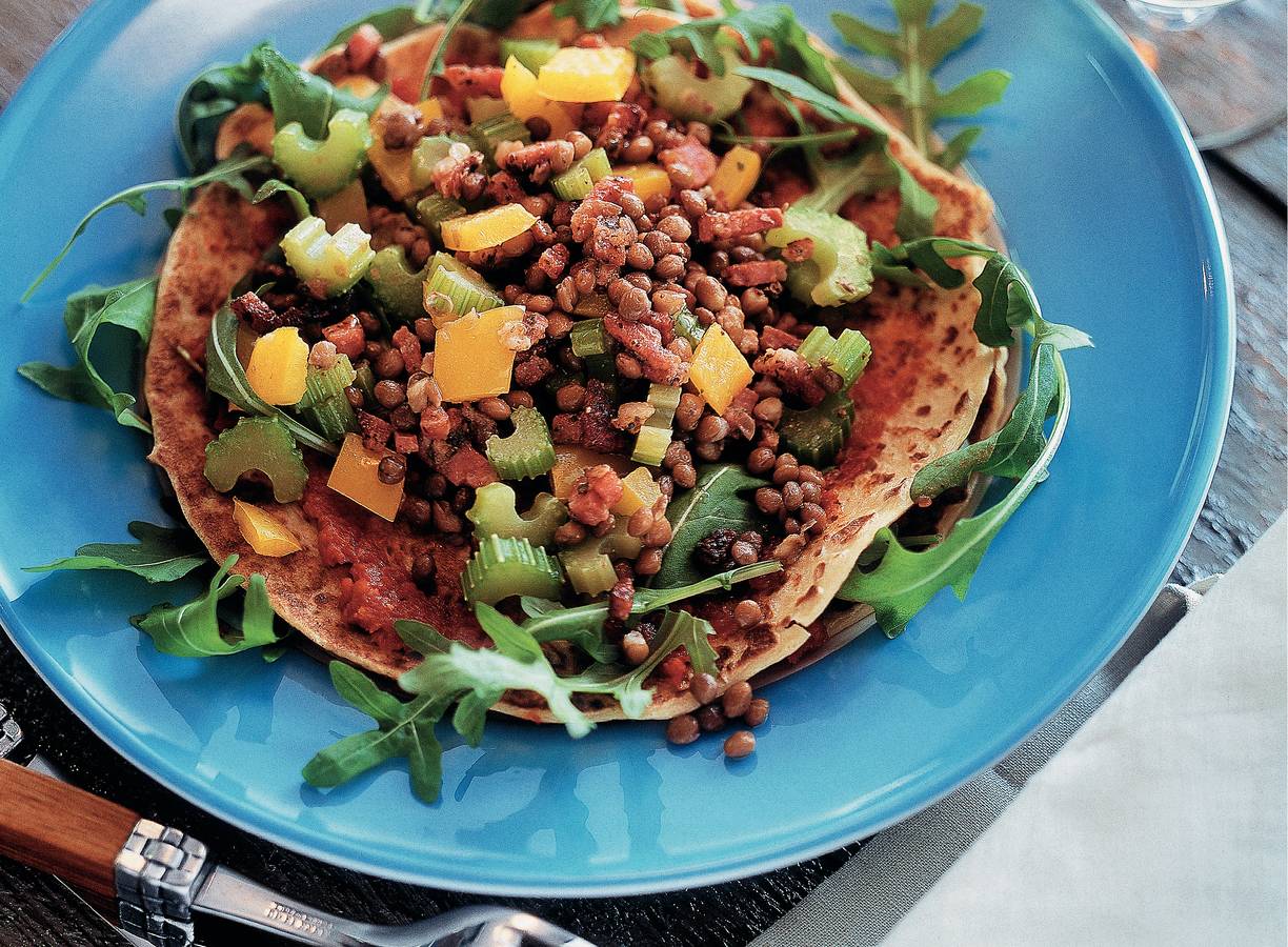 Pannenkoeken met warme linzensalade