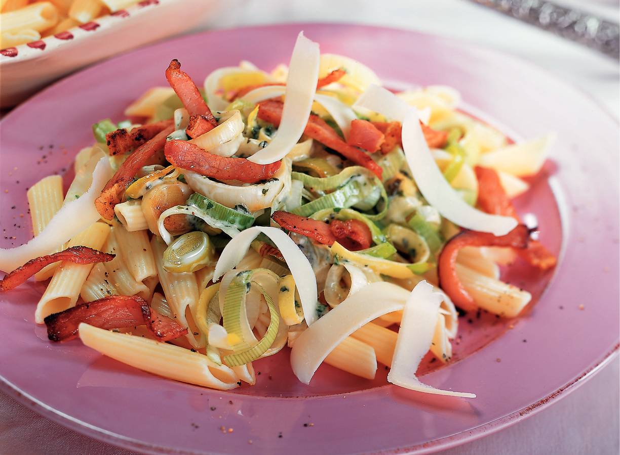 Penne met prei-baconroomsaus