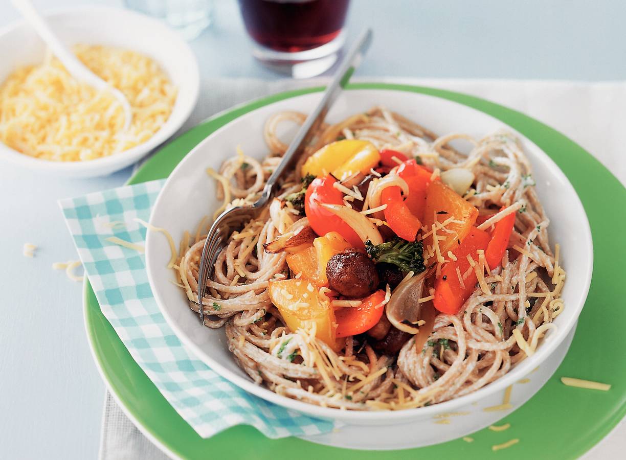 Volkorenspaghetti met ricotta en geroosterde groenten