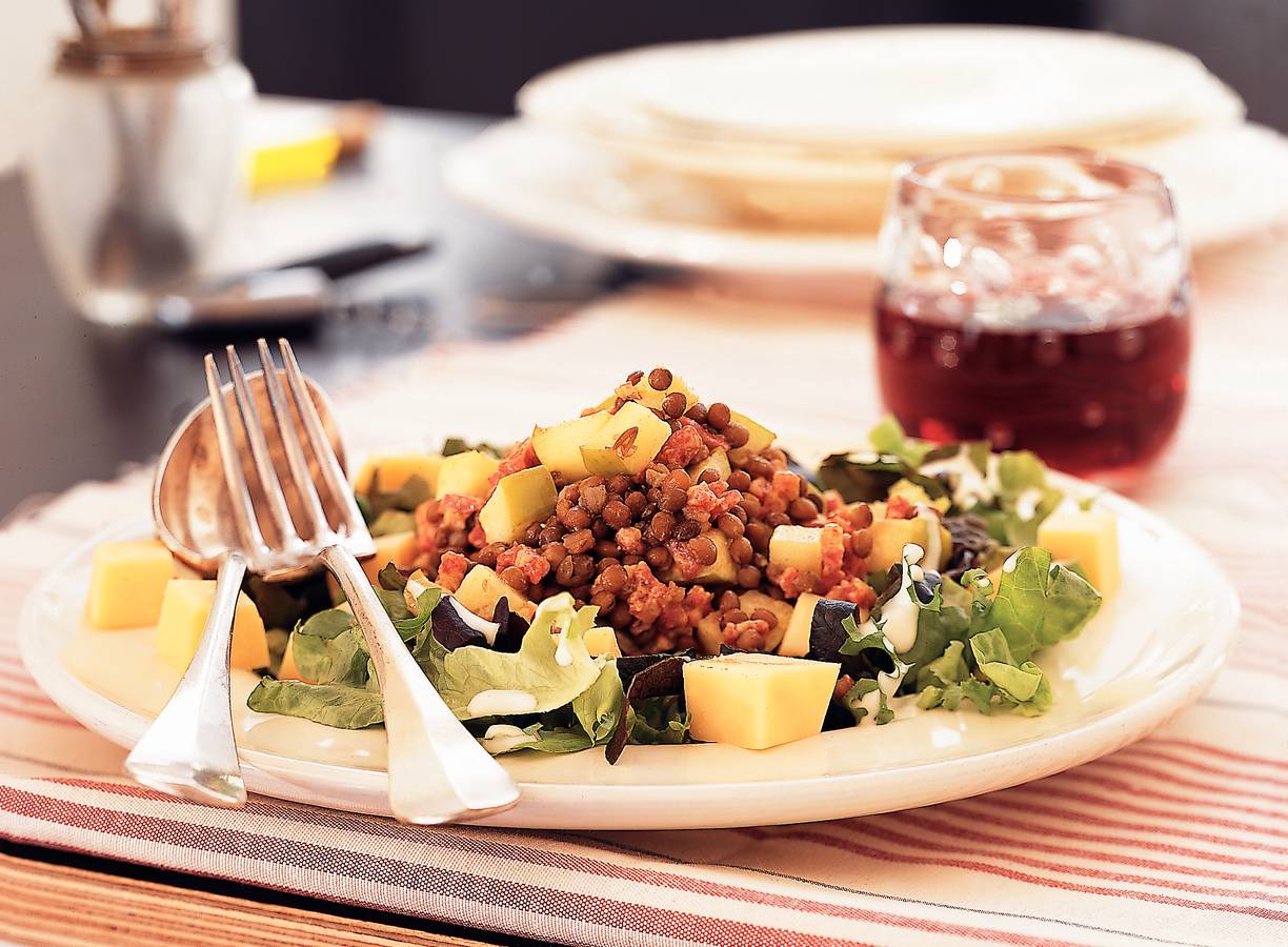 Linzensalade met spekjes