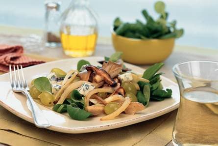 Paddestoelensalade met druiven en blauwaderkaas