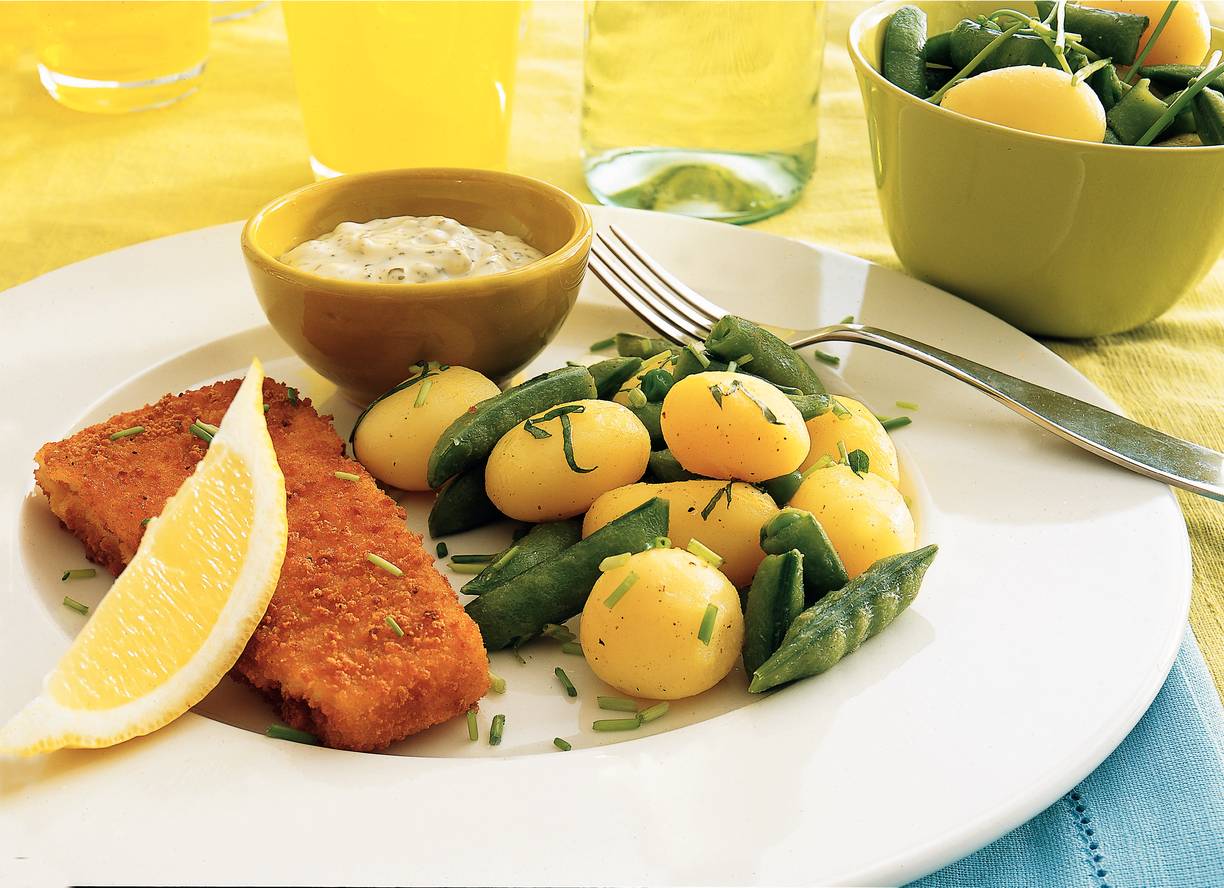 Visschnitzels met ravigotesaus en lentekrieltjes