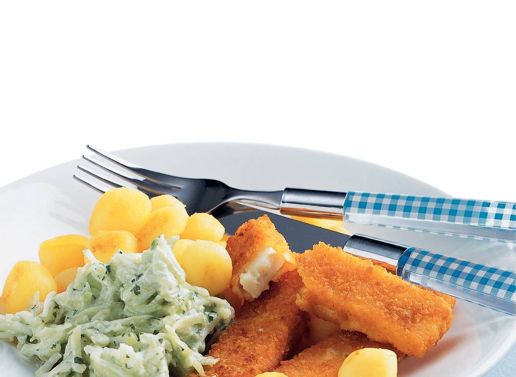 Vissticks met komkommersla en krieltjes