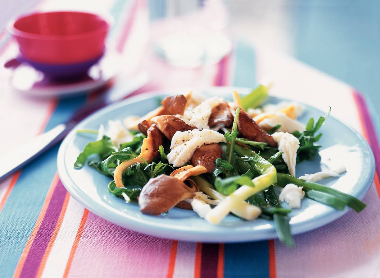 Salade van rucola met oesterzwammen, mozzarella en stoneleeks
