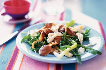 Salade van rucola met oesterzwammen, mozzarella en stoneleeks