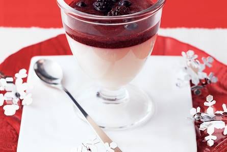 Yoghurtbavarois met bosvruchtensaus