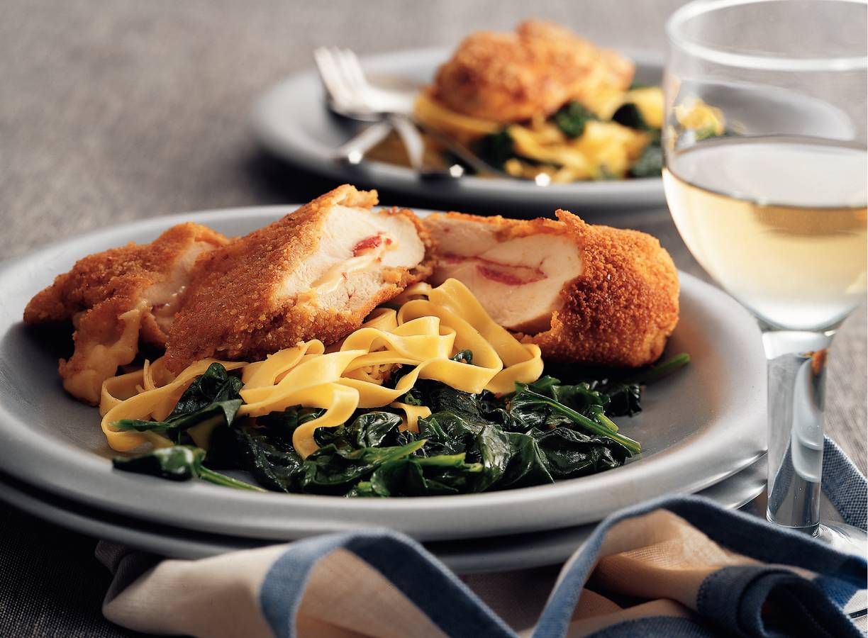 Kipcordonbleu met gebakken spinazie