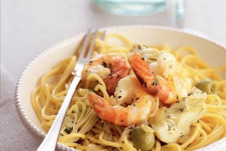 Spaghetti met garnalen en artisjokken