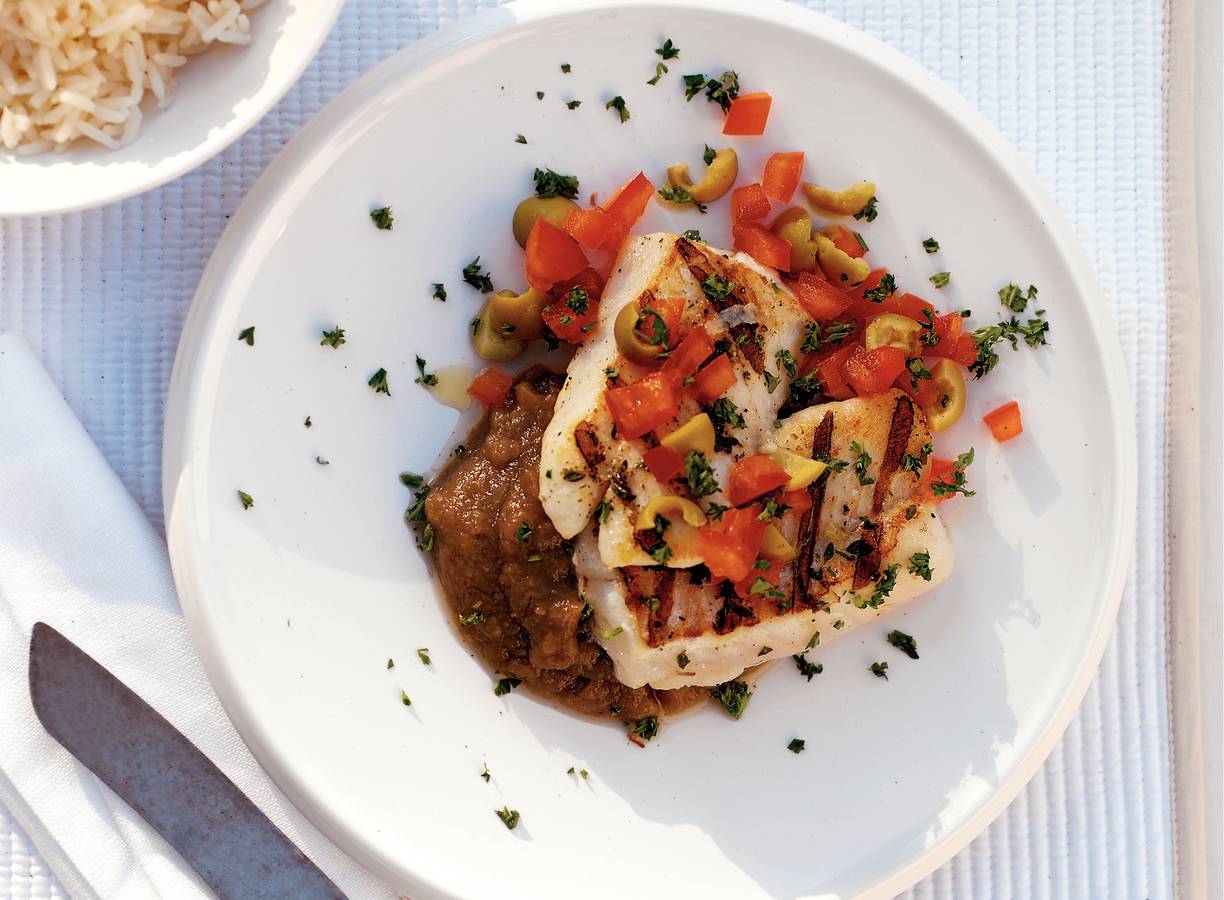 Gegrilde tilapia met auberginepuree