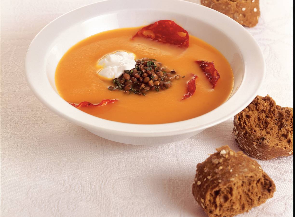 Pompoensoep met linzen & chorizo