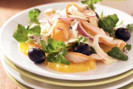 Sinaasappelsalade met venkel en gerookte kip