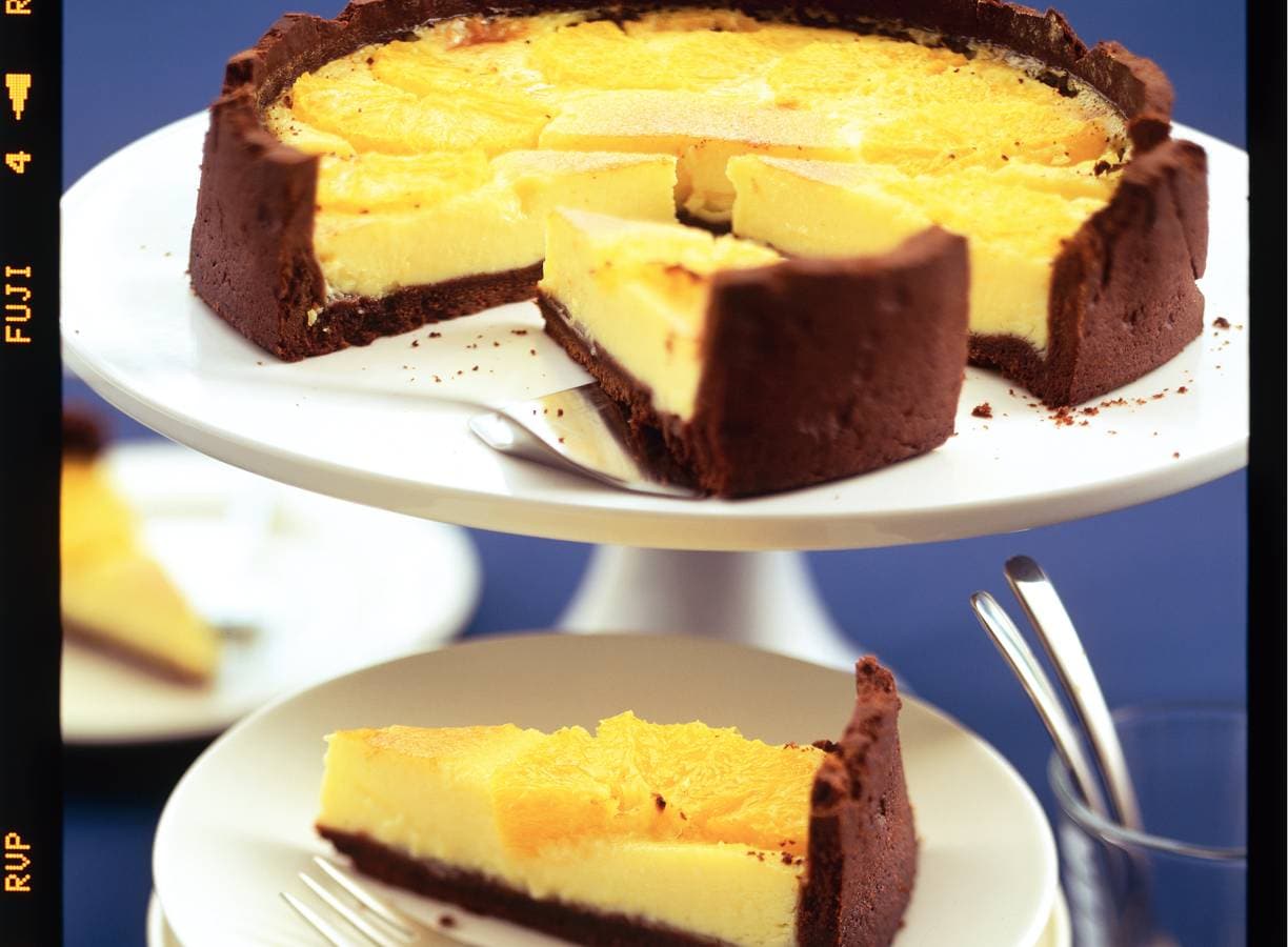 Sinaasappeltaart met chocoladebodem