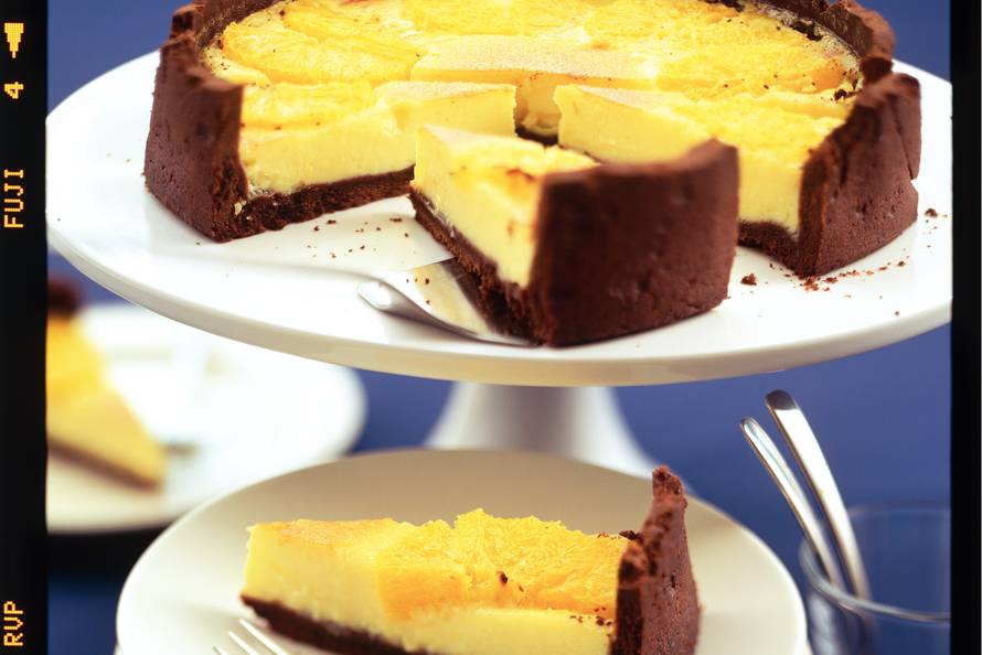 Sinaasappeltaart met chocoladebodem