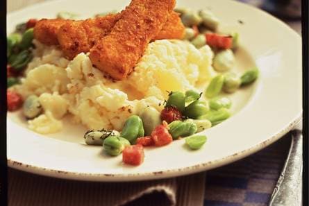Tuinbonen met puree en vissticks