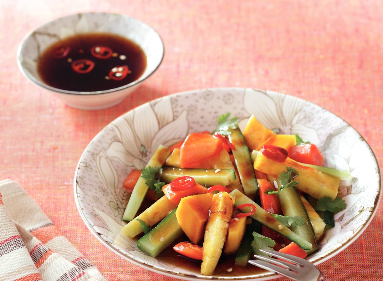 Zoete fruitsalade met peperdressing