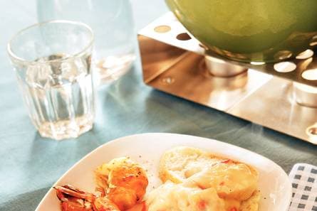 Pittige kaasfondue met gamba's