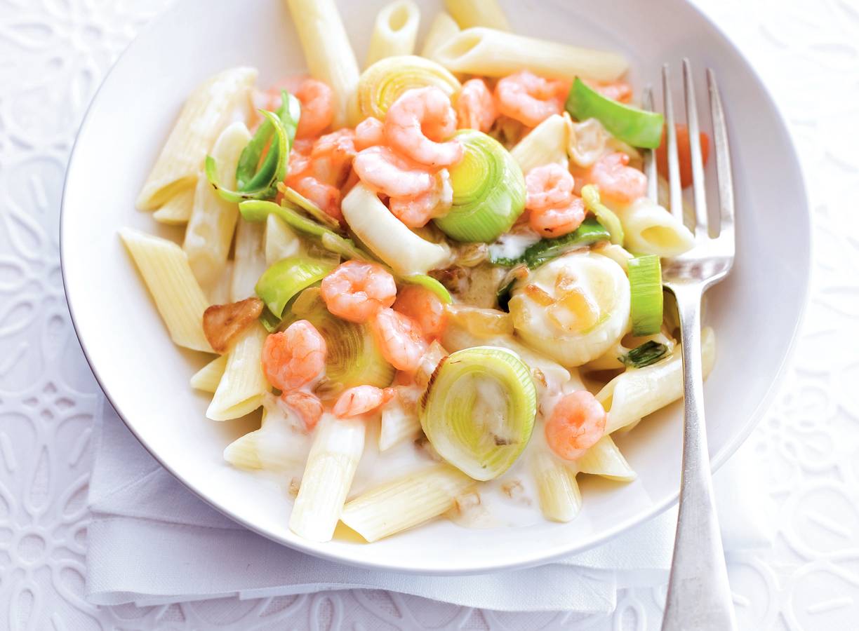 Penne met garnaaltjes en preiroomsaus