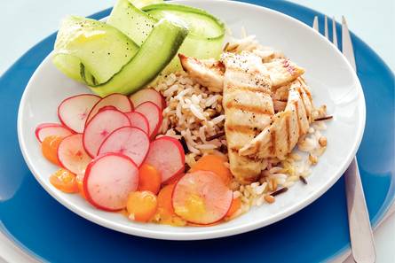 Gegrilde kip met sinaasappel-mosterddressing