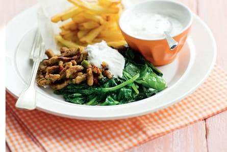 Gyrosreepjes met ovenfrites en spinazie