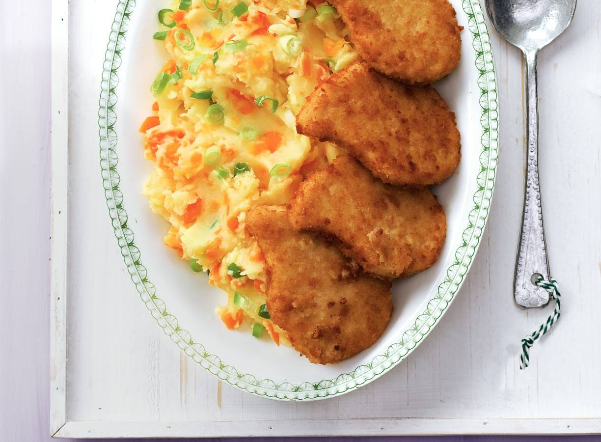 Wortelstamppot met vegetarische schnitzels