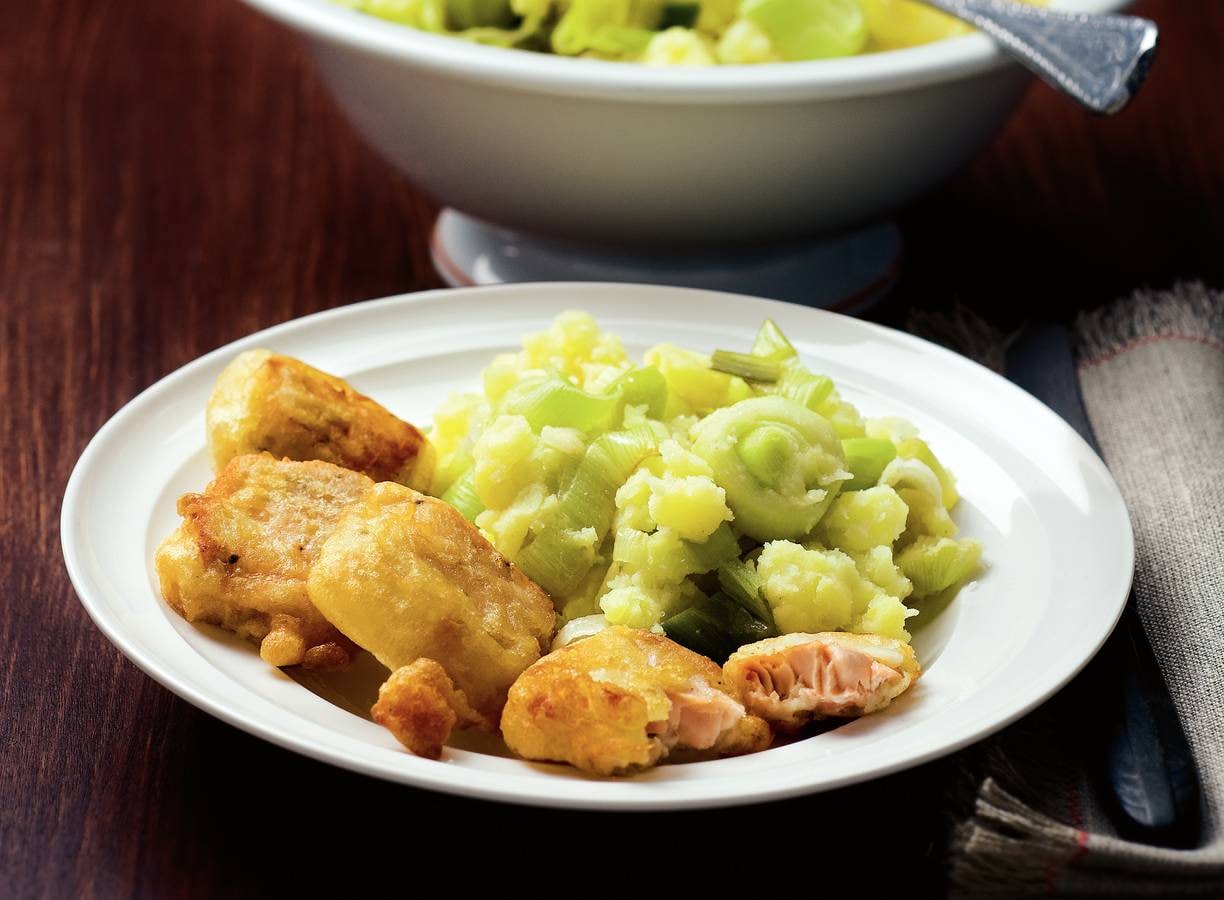 Zalmnuggets met preistamppot