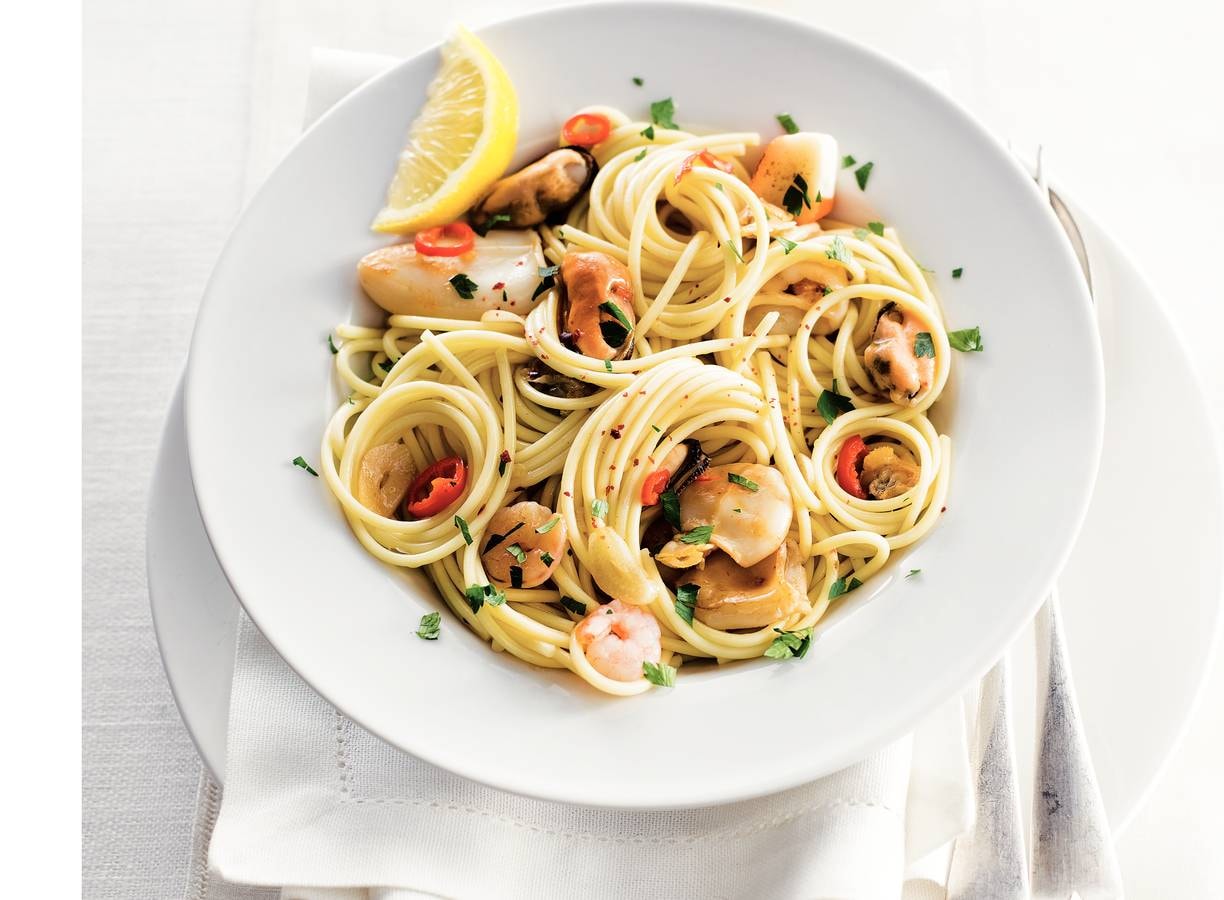 Spaghetti met zeevruchten en chili-olie