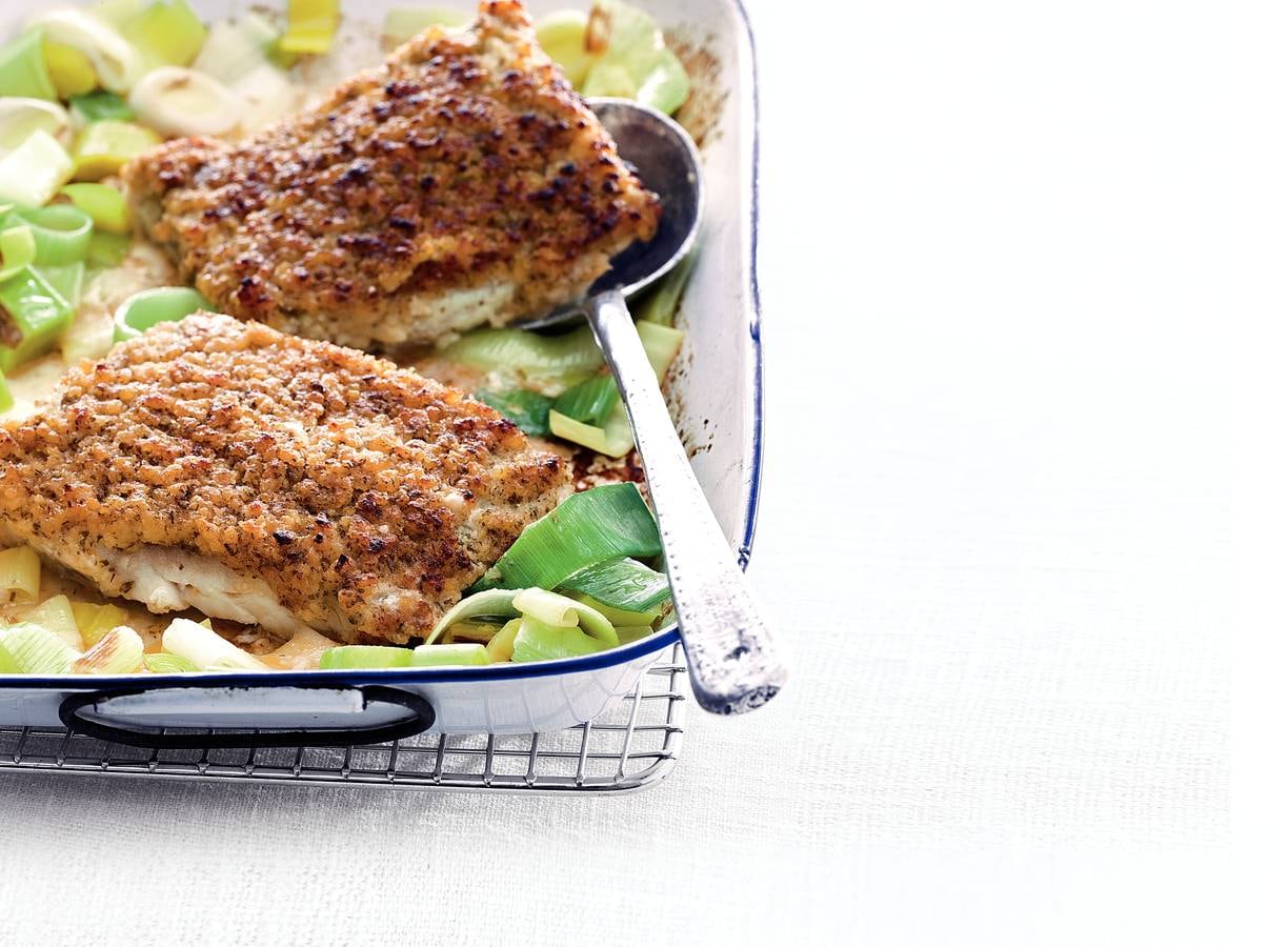 Prei met gegratineerde vis