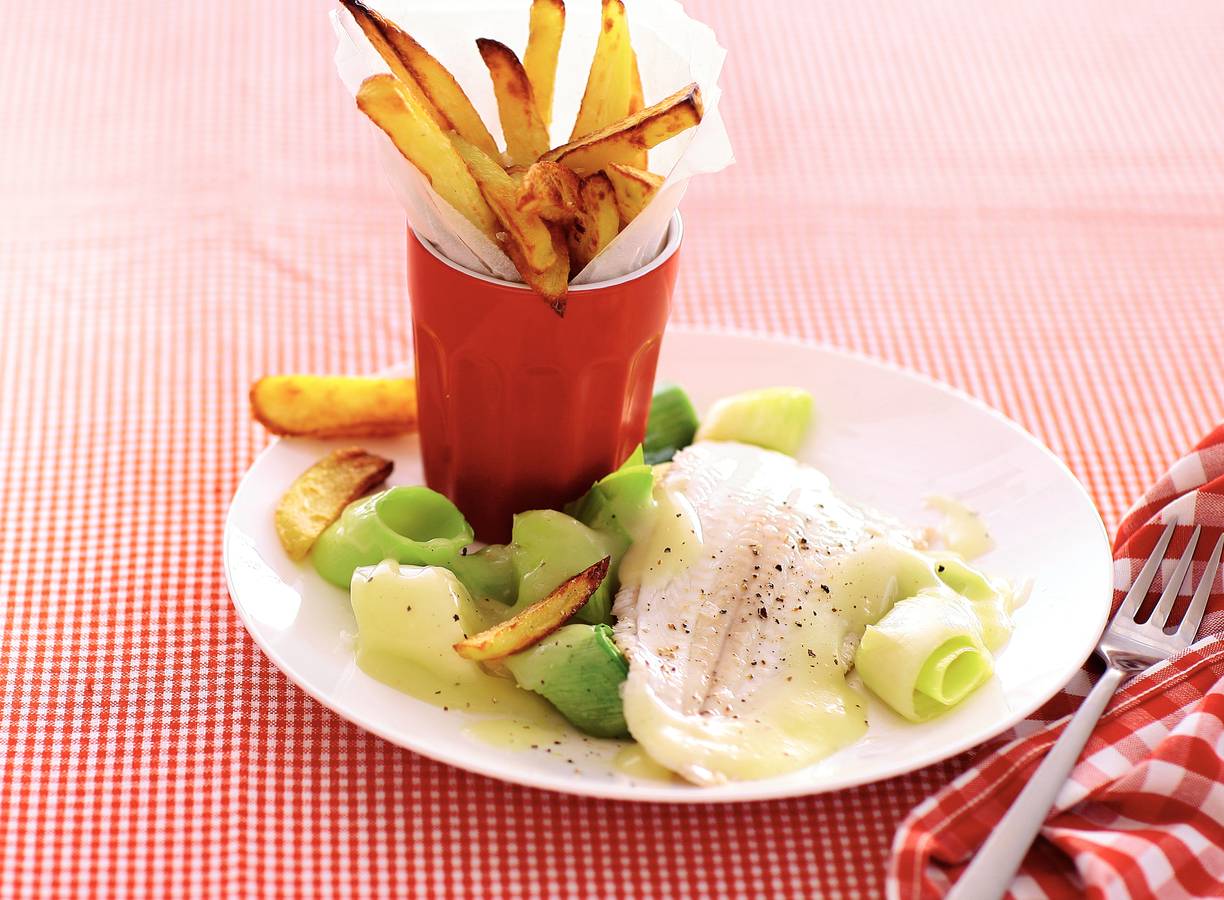 Verse frites, prei en scholfilet