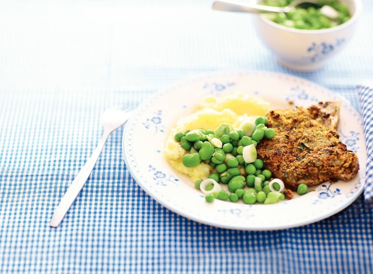 Puree, tuinbonen en karbonade