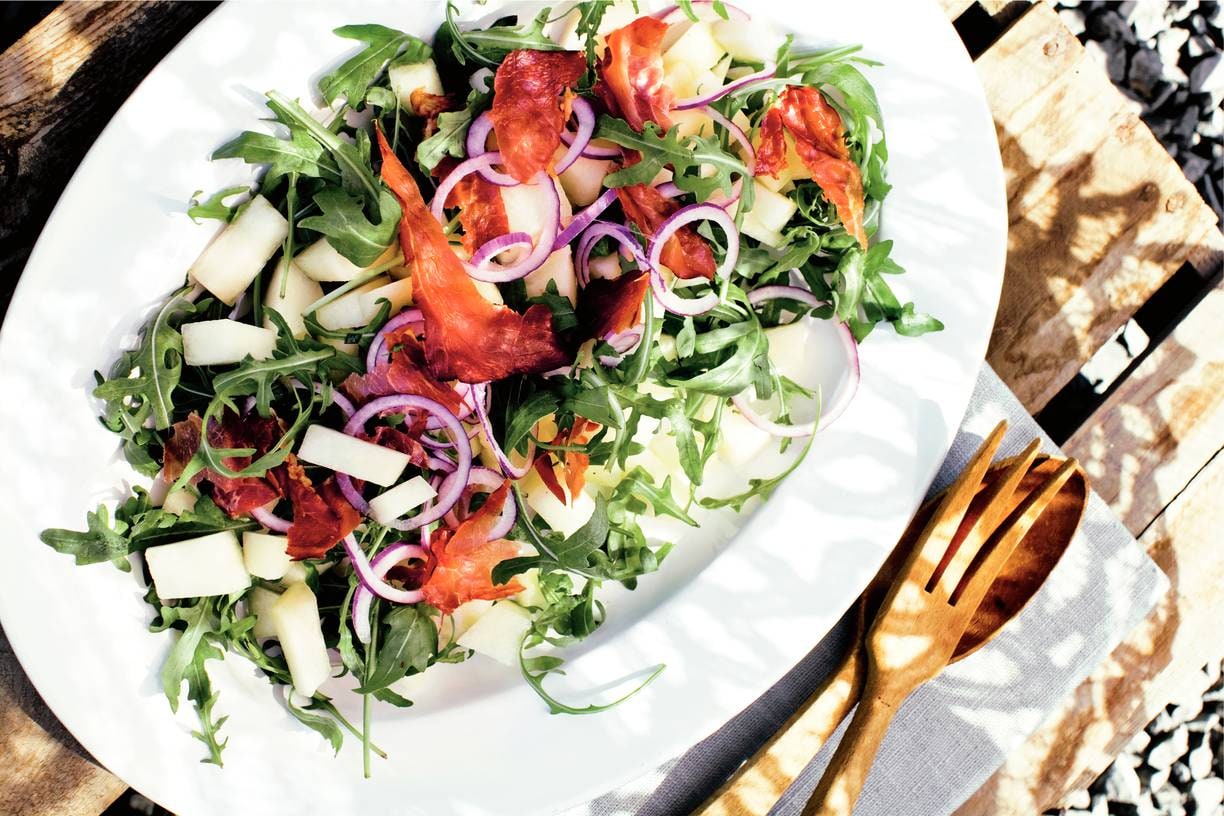 Salade van meloen, rucola en ham
