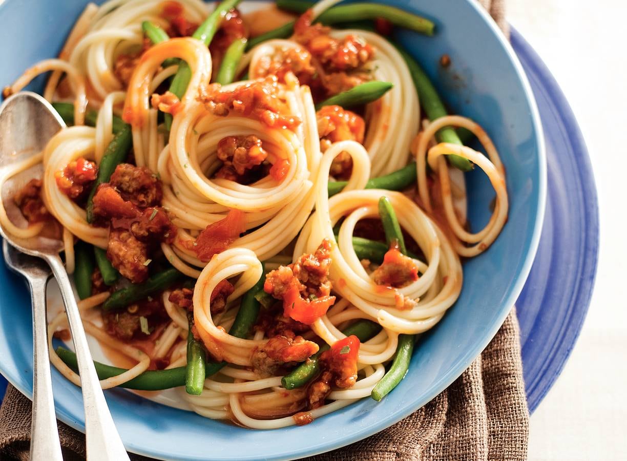 Spaghetti met pit & boontjes