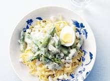 Tagliatelle met groene asperges, geitenkaas en ei. Zooo lekker!