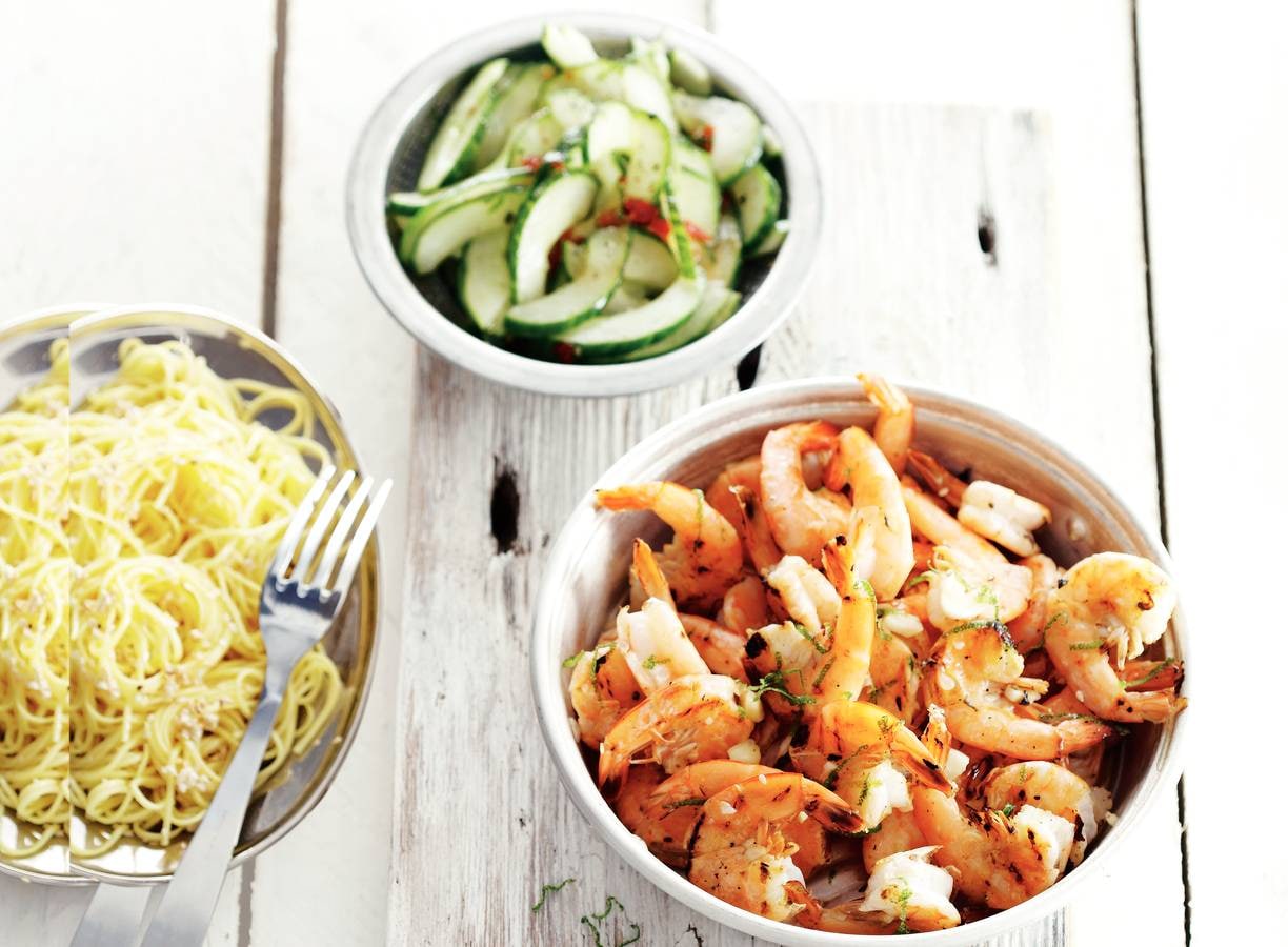 Zoetzure gamba's en noedels