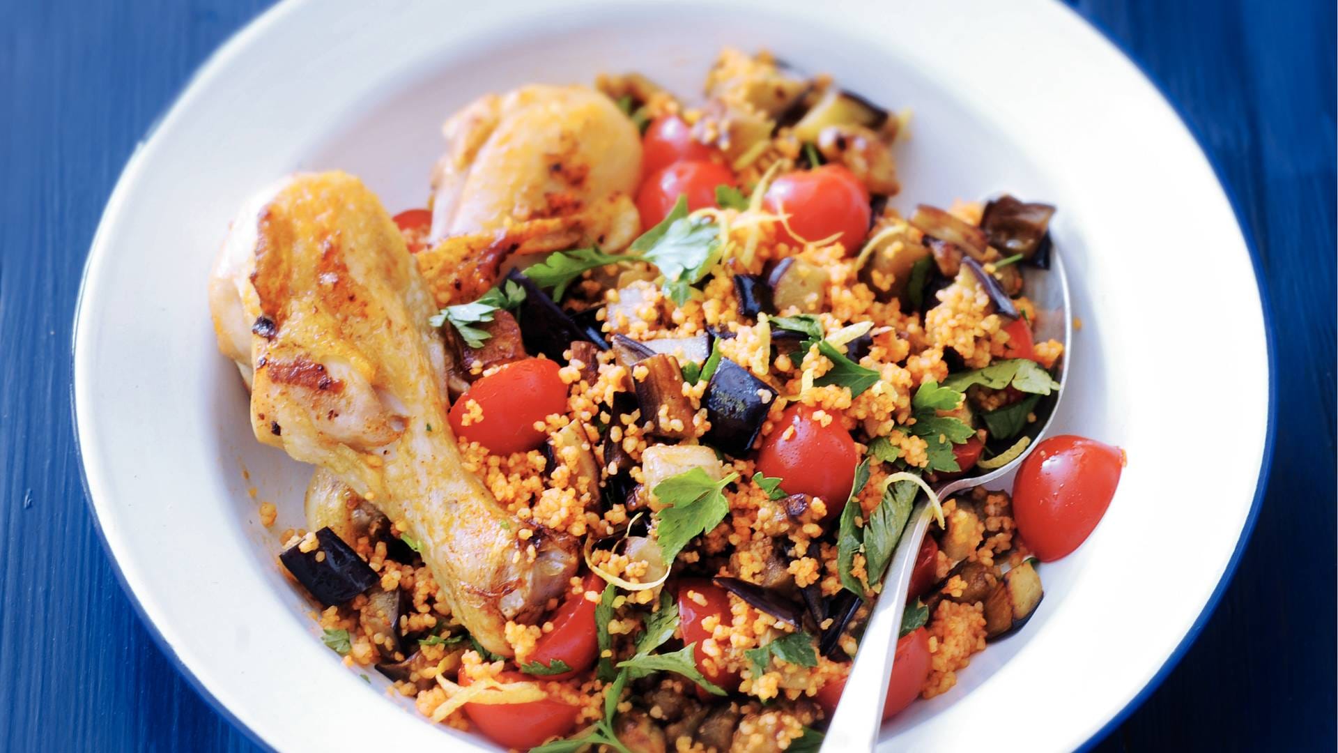 Couscous met aubergine en kipdrumsticks recept Allerhande Albert Heijn