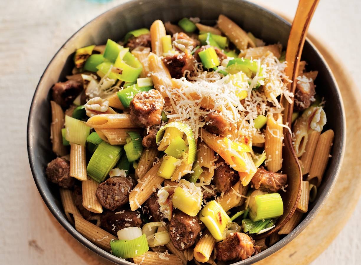 Penne met worst en prei