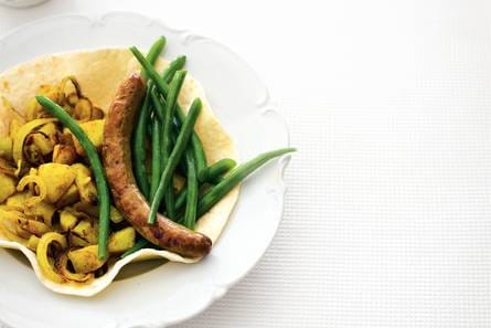 Roti met lamsworst en sperziebonen
