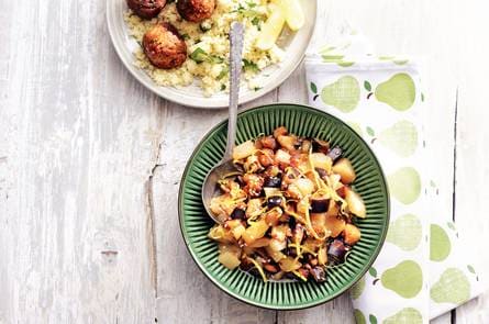 Gebakken peer en aubergine