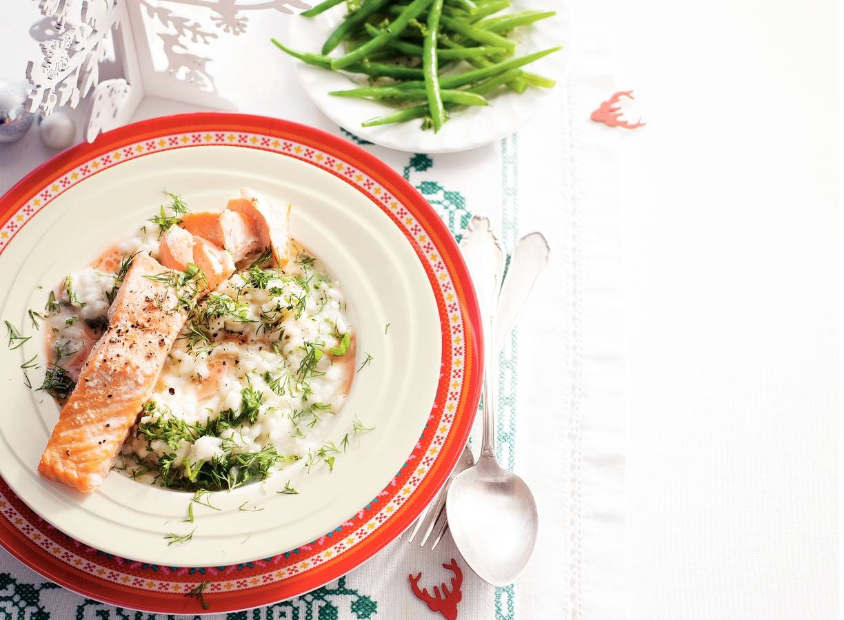 Zalm met rosésaus en risotto