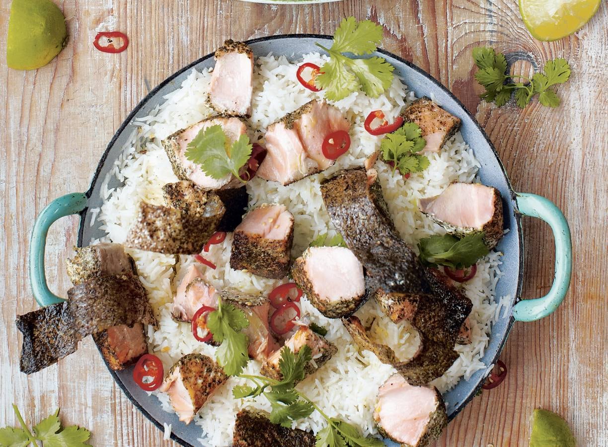Zalm met groene thee, kokosrijst en misogroenten