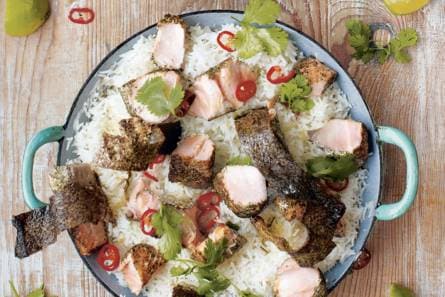 Zalm met groene thee, kokosrijst en misogroenten