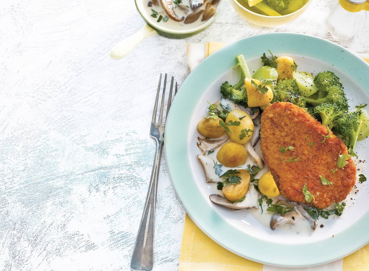 Vegaschnitzel met paddenstoelen