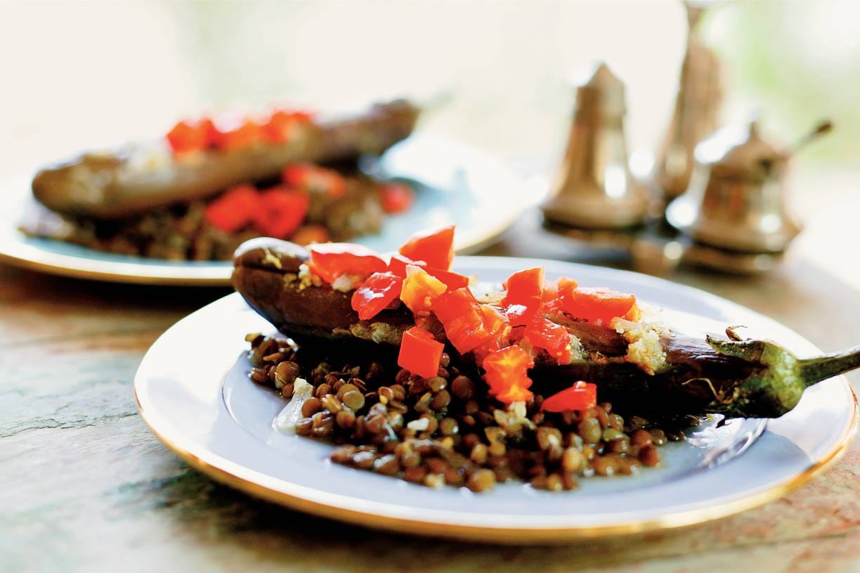Gevulde aubergines met linzen