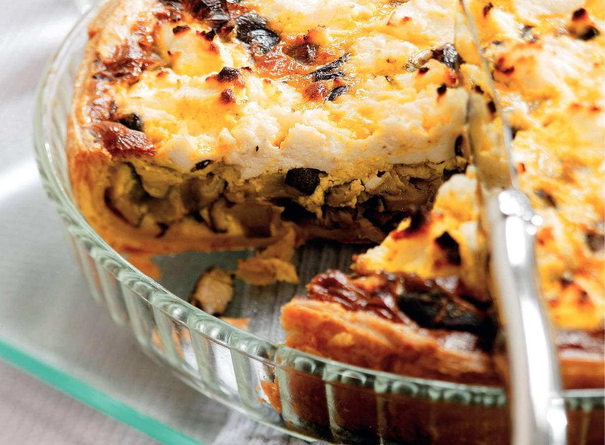 Auberginetaart met shii-take en bosuitjes