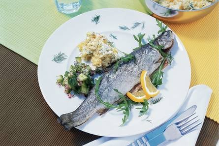 Forel met aardappelpure en komkommersalade